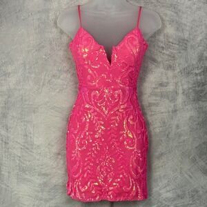 Pink Sequin Bodycon Mini Dress Womens Sz S Going out NYE Holiday Valentine's Day
